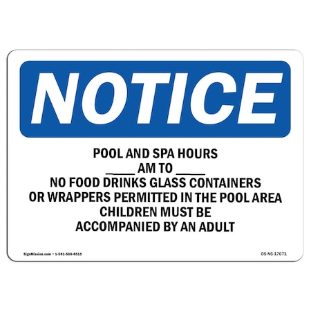 Signmission OSHA Sign, Pool & Spa Hours _ Am To _ Pm No Food, 7in X 5in Decal, 7" W, 5" H, Landscape OS-NS-D-57-L-17671